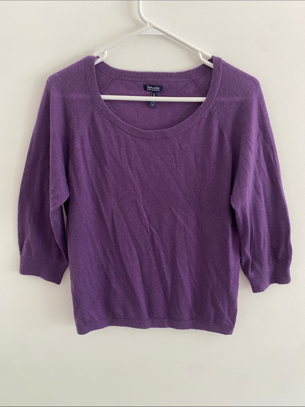 Splendid Cashmere Scoop Neck Sweater 3/4 Sleeve Pullover Purple Medium